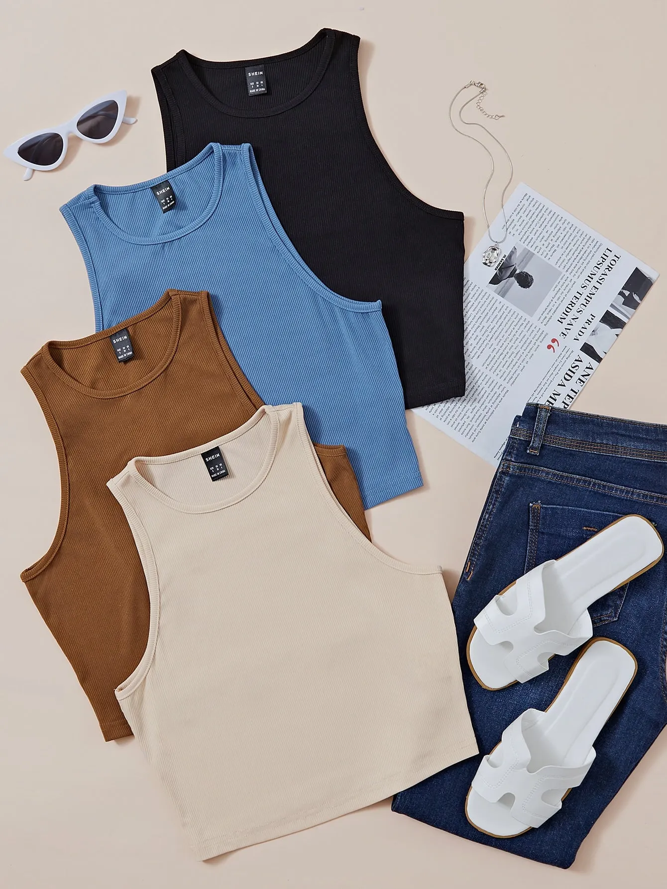 4pcs Rib Knit Solid Tank Top