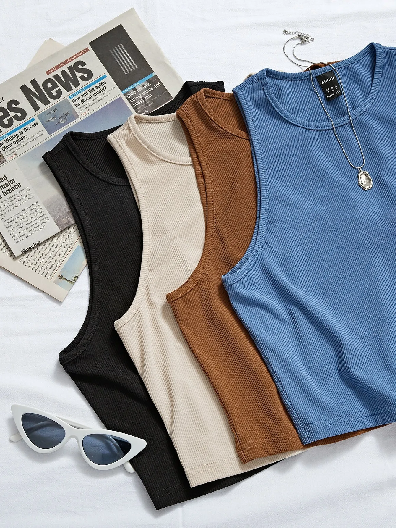 4pcs Rib Knit Solid Tank Top