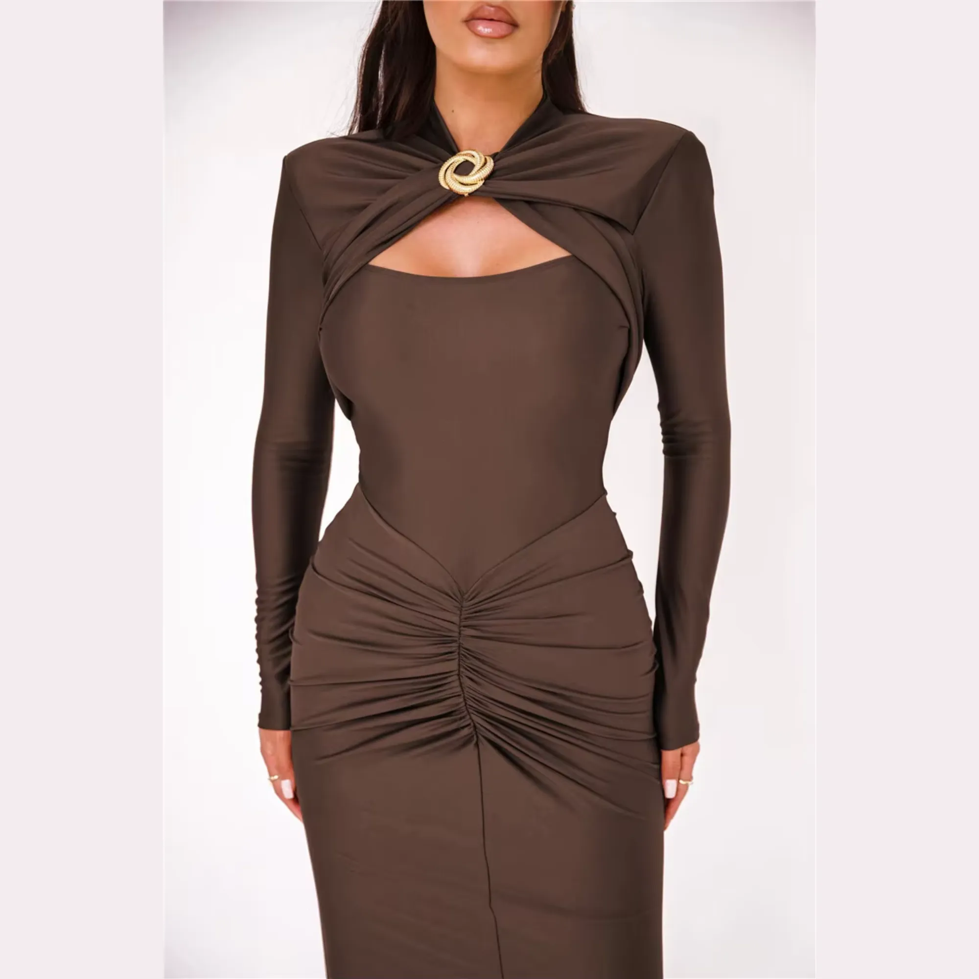 Agnola - Brown Cutout Ruched Maxi Bodycon Dress