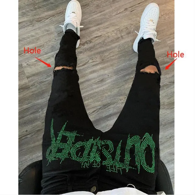 Aidase New Men Stretch Destroyed Hole Taped Slim Fit Black Jeans Biker Trousers Ripped Skinny Hot Drill Street Punk Denim Pencil Pants