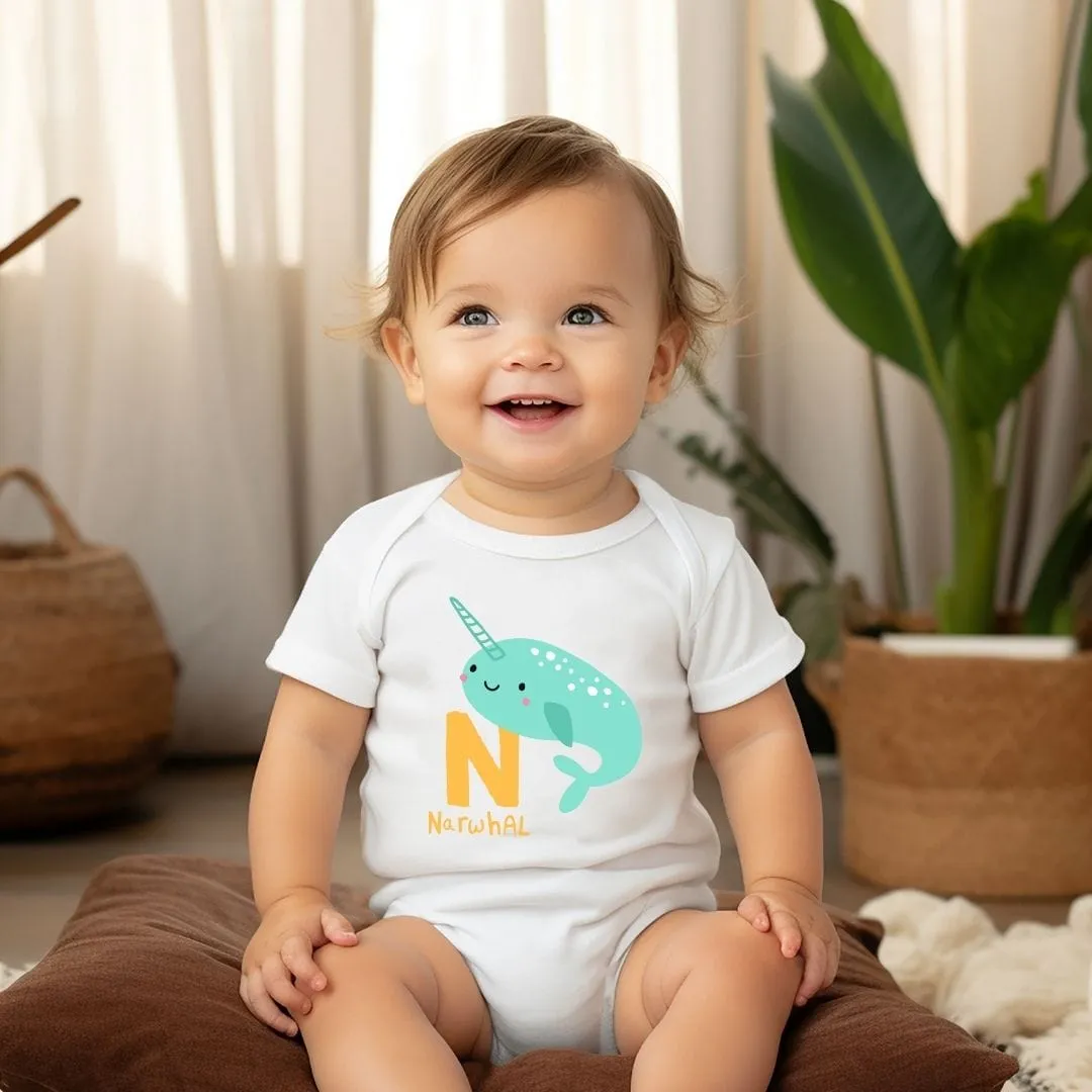 Animal Alphabet - N for Narwhal Baby Bodysuit - Unisex Graphic Bodysuit for Babies