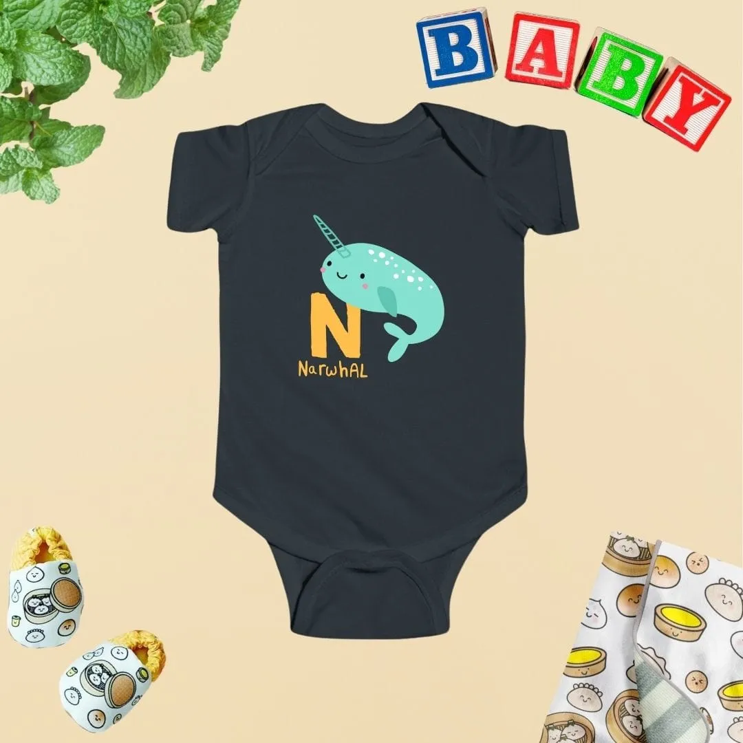Animal Alphabet - N for Narwhal Baby Bodysuit - Unisex Graphic Bodysuit for Babies