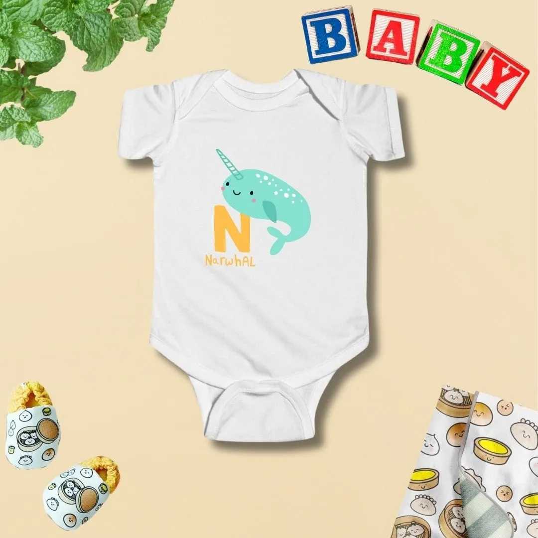 Animal Alphabet - N for Narwhal Baby Bodysuit - Unisex Graphic Bodysuit for Babies