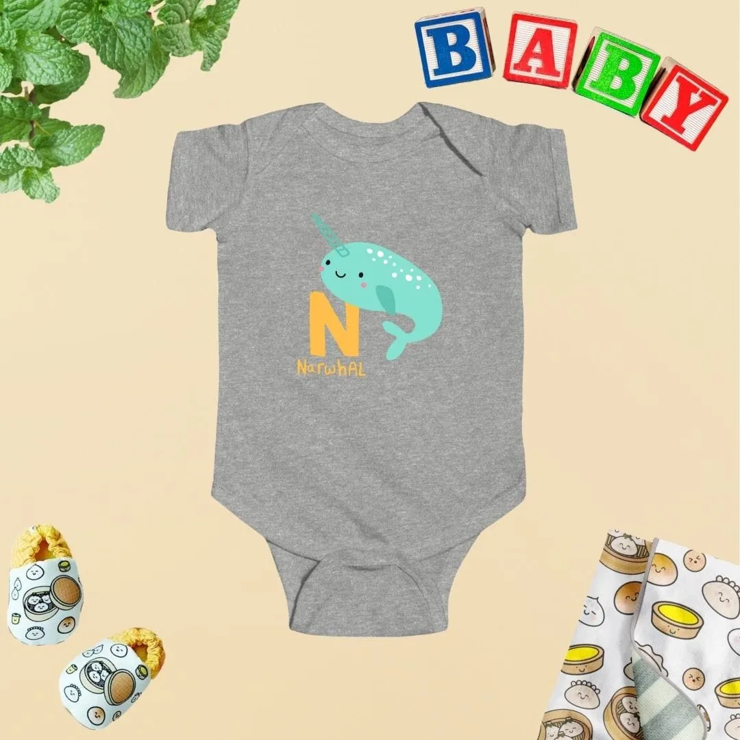 Animal Alphabet - N for Narwhal Baby Bodysuit - Unisex Graphic Bodysuit for Babies