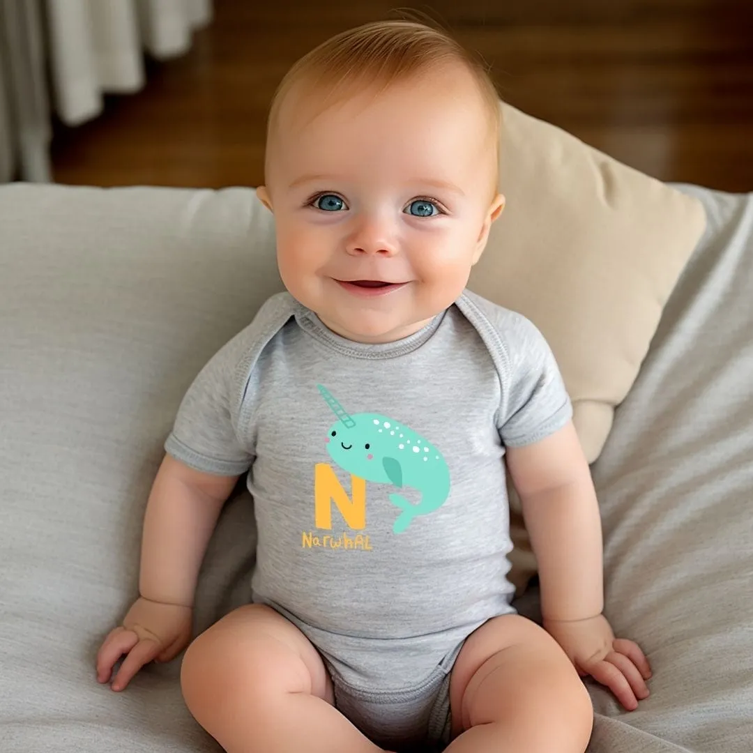 Animal Alphabet - N for Narwhal Baby Bodysuit - Unisex Graphic Bodysuit for Babies
