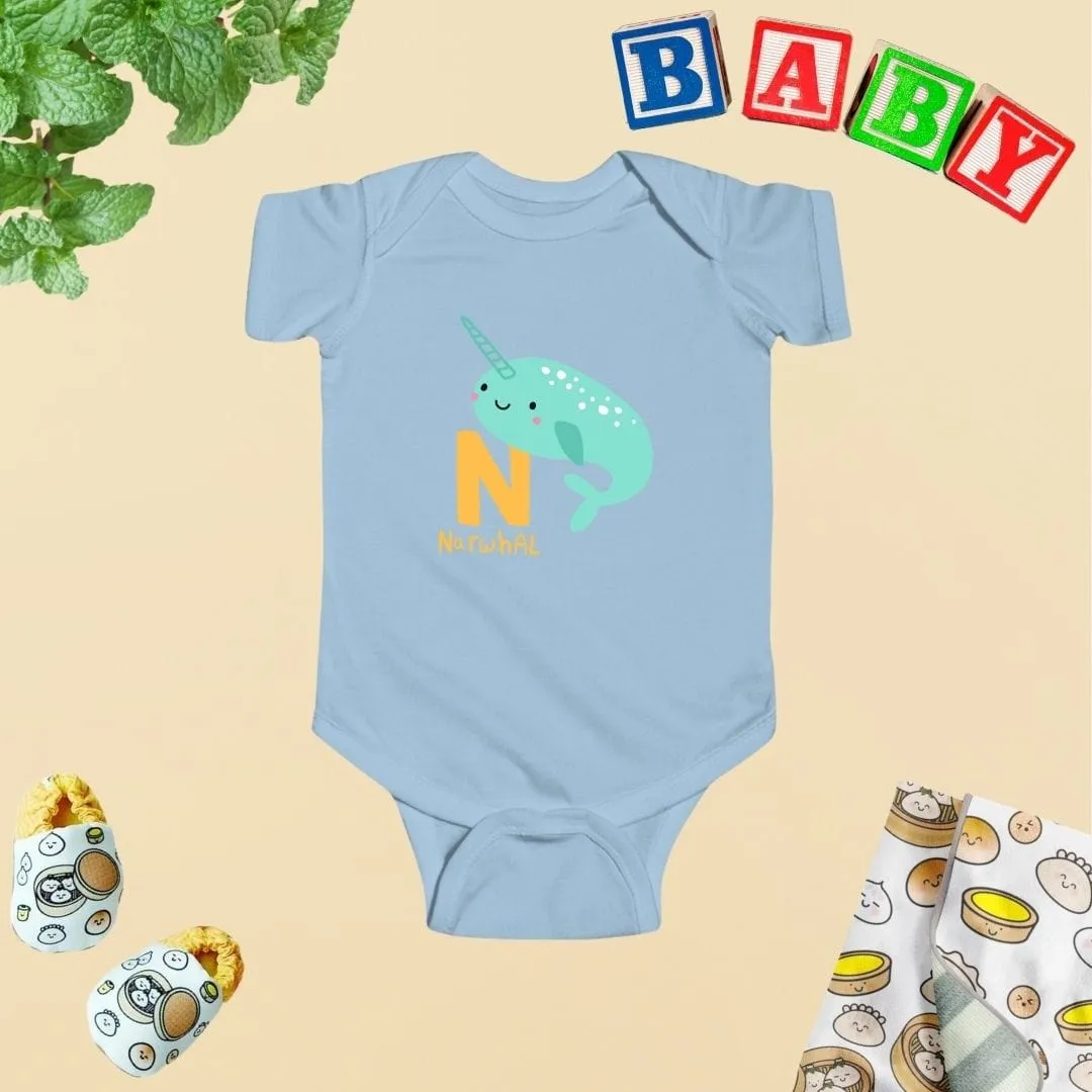 Animal Alphabet - N for Narwhal Baby Bodysuit - Unisex Graphic Bodysuit for Babies