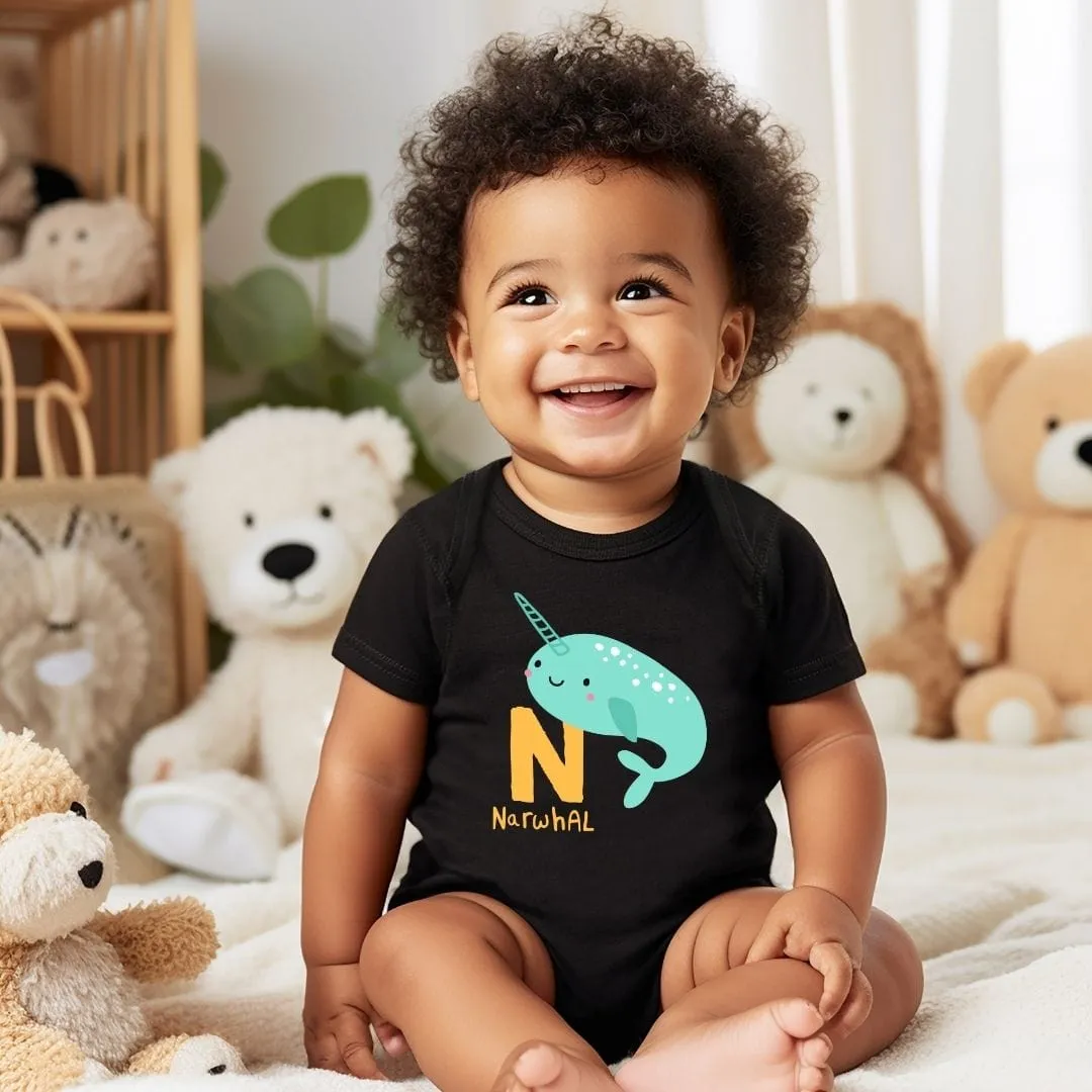 Animal Alphabet - N for Narwhal Baby Bodysuit - Unisex Graphic Bodysuit for Babies