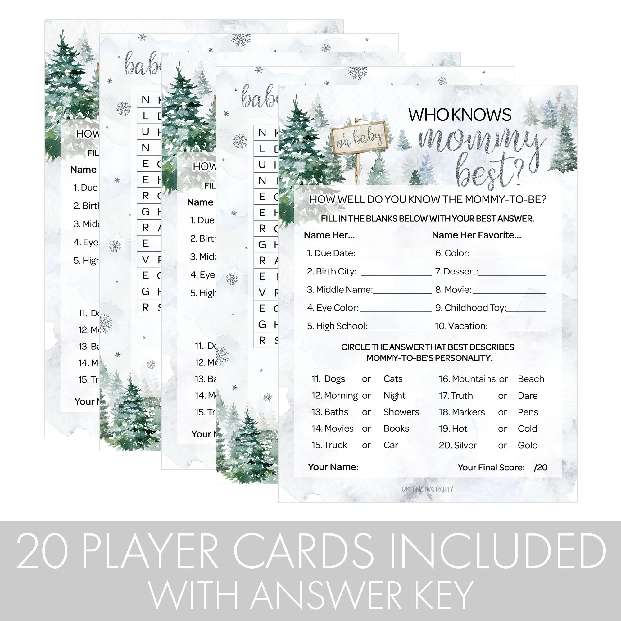 Baby It's Cold Outside Evergreen: Winter Baby Shower Game  - Word Search and Who Knows Mommy Best - Two Game Bundle - 20 Dual Sided Cards