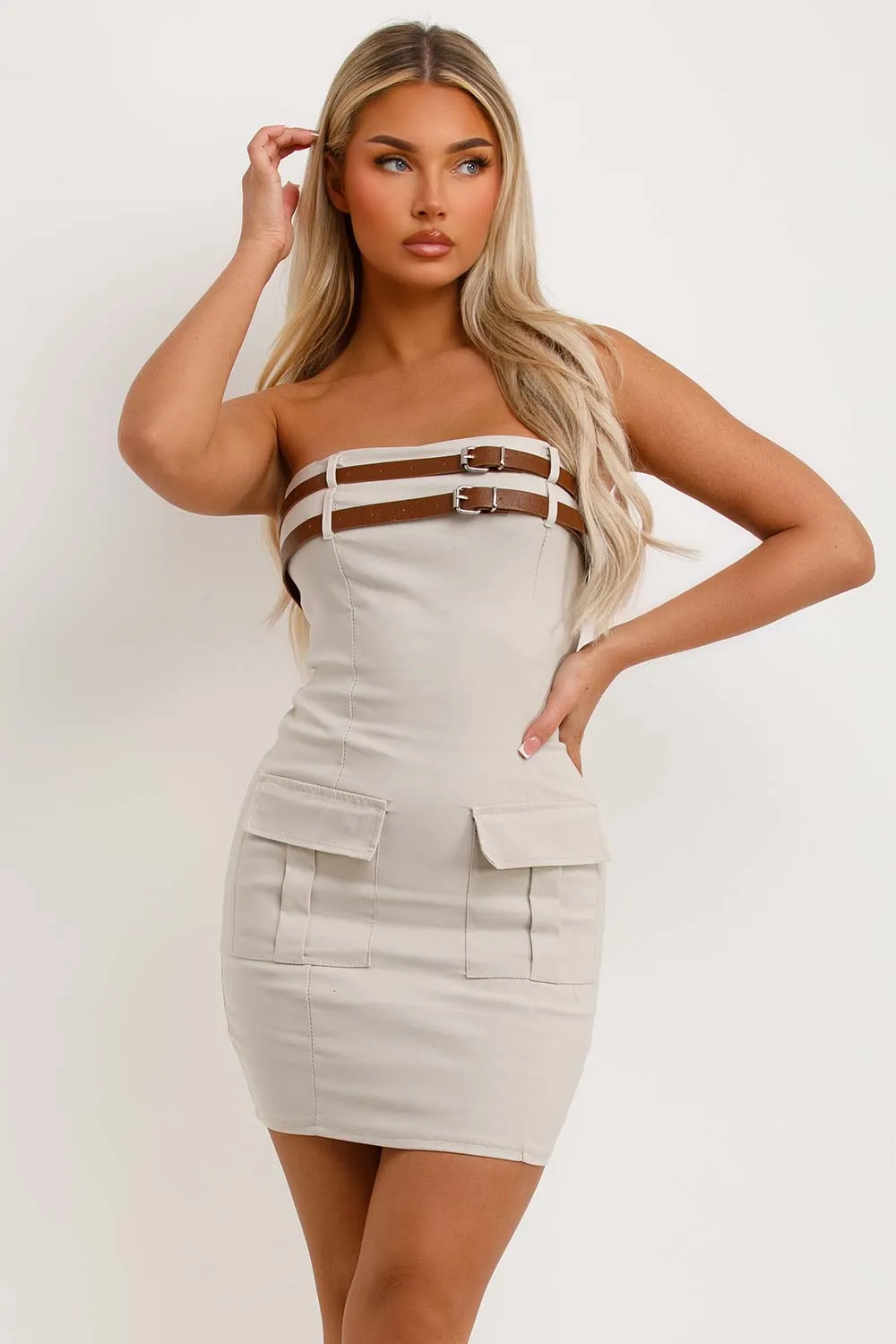 Bandeau Dress With Cargo Pockets And Belt Beige
