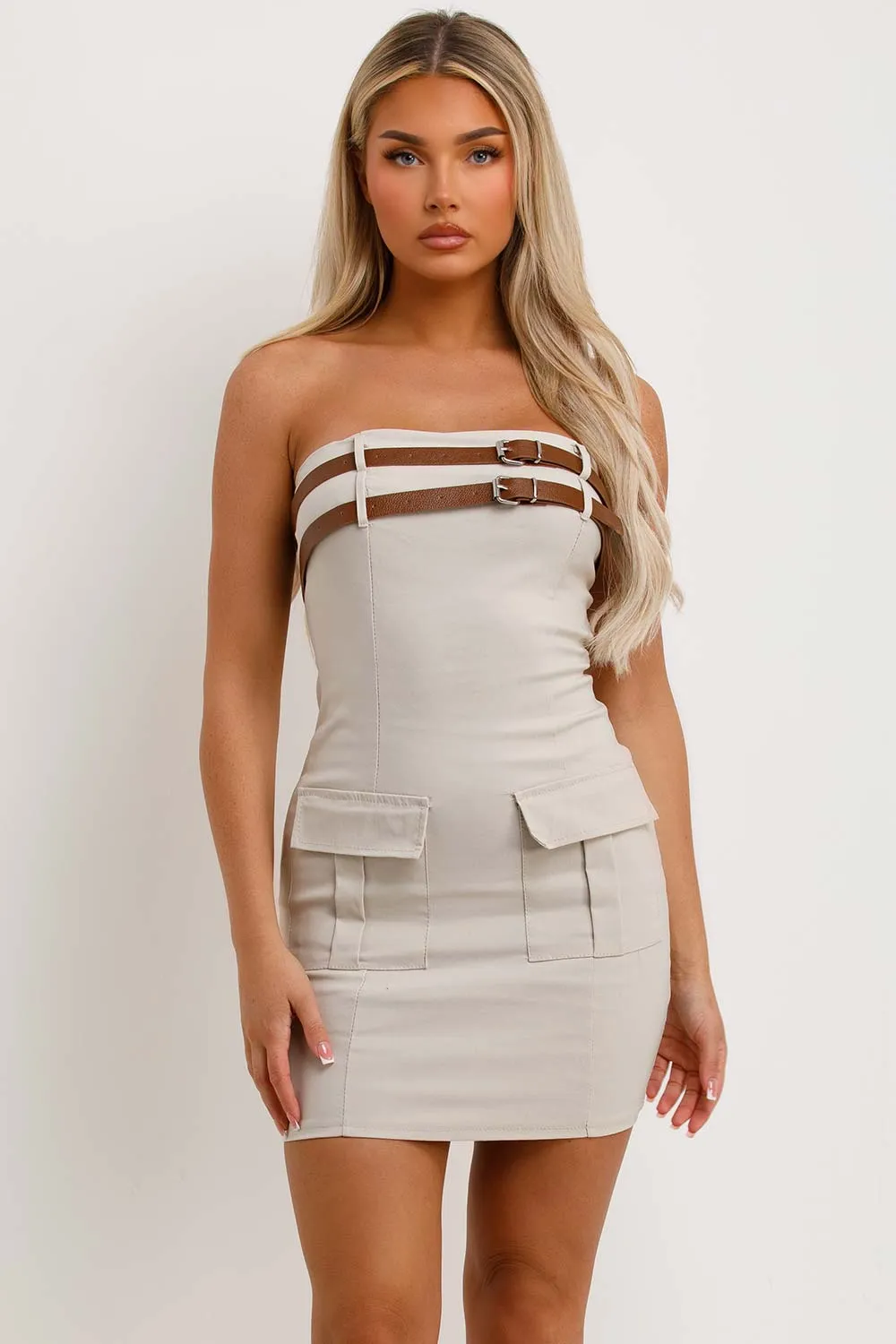 Bandeau Dress With Cargo Pockets And Belt Beige