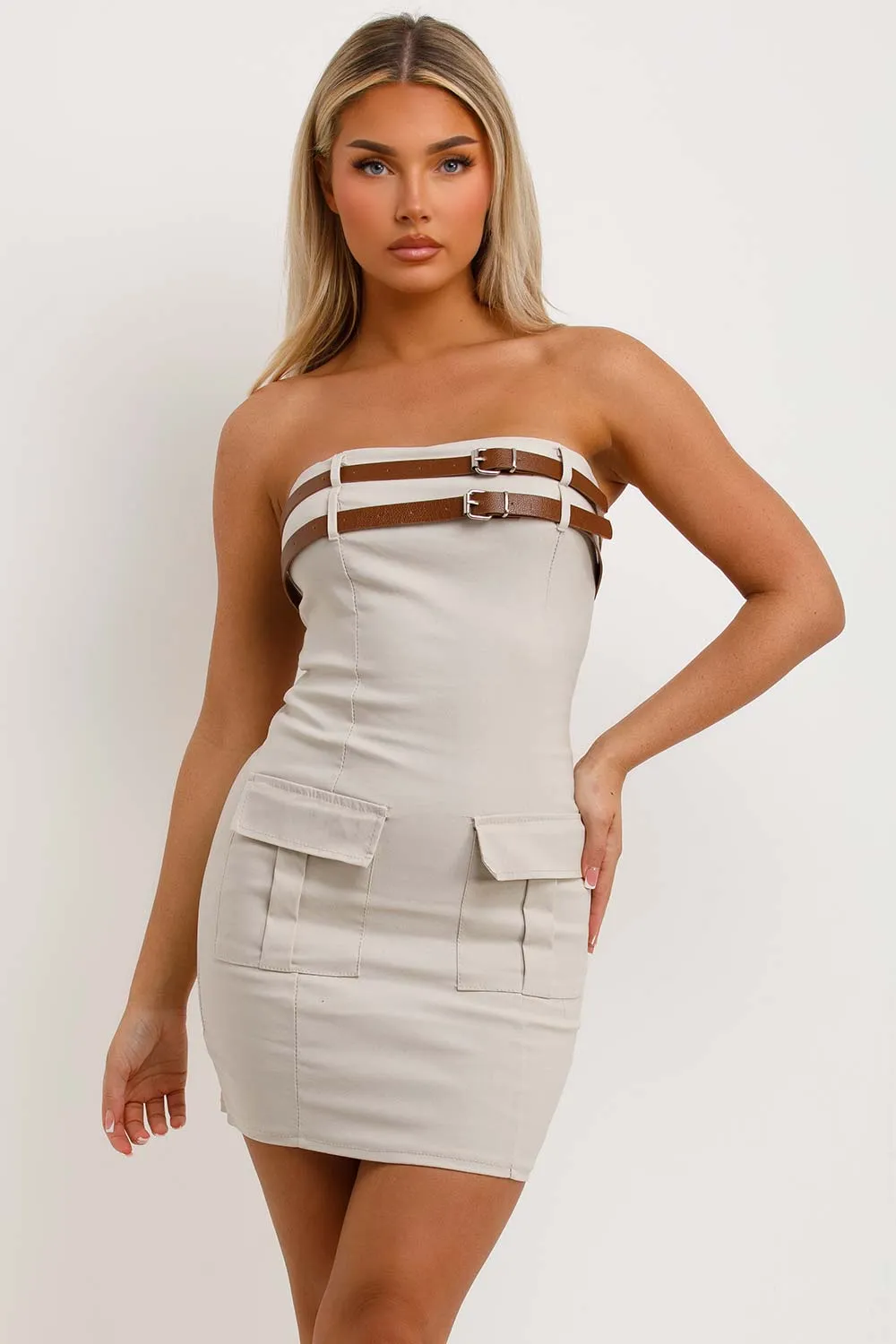 Bandeau Dress With Cargo Pockets And Belt Beige