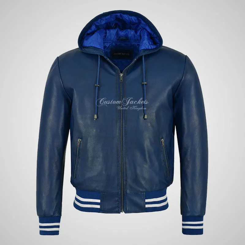 BASEBALL Hooded Leather Bomber Jacket for Mens Soft Leather
