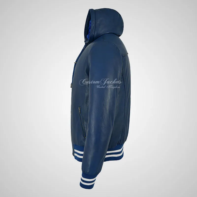 BASEBALL Hooded Leather Bomber Jacket for Mens Soft Leather