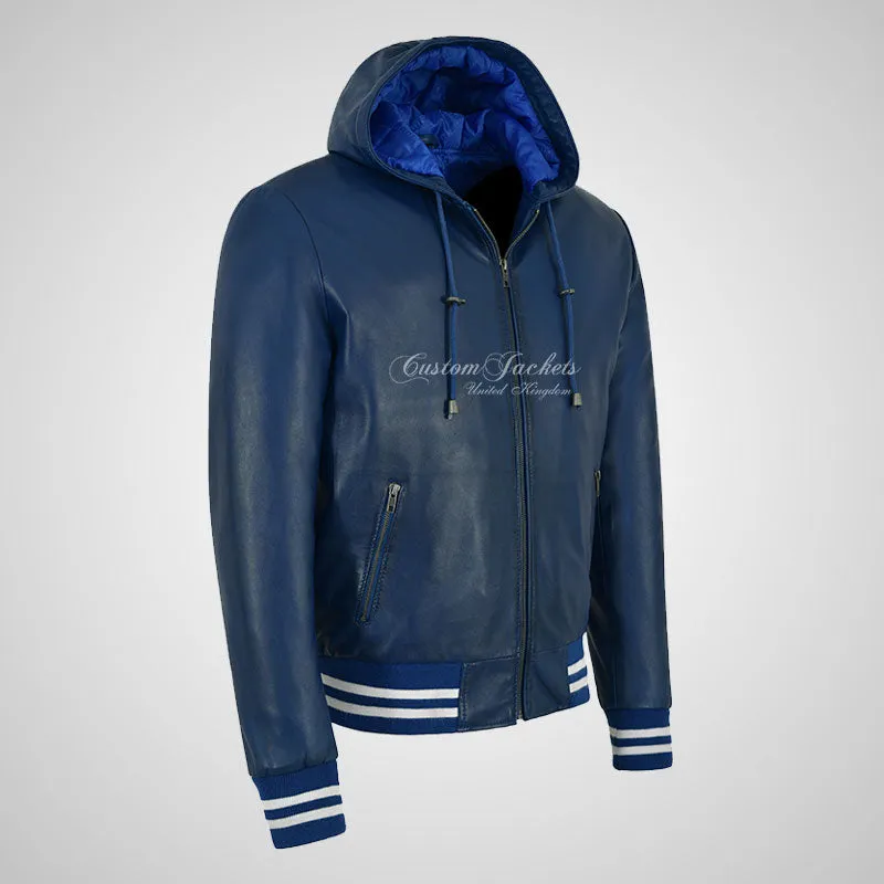 BASEBALL Hooded Leather Bomber Jacket for Mens Soft Leather