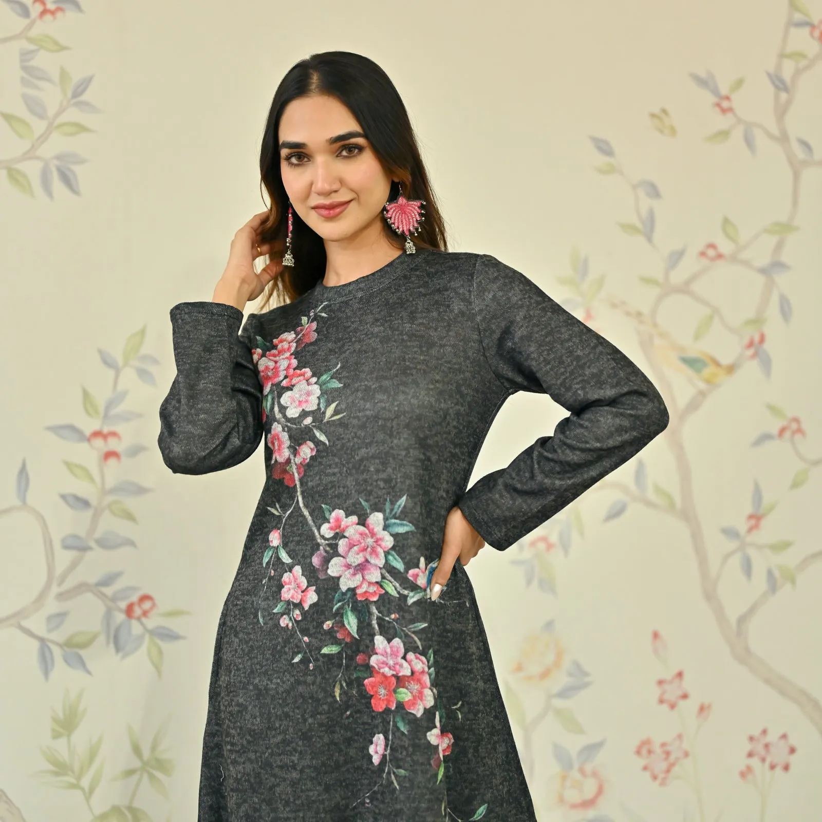 Black Floral A-line Woollen Dress