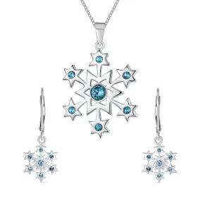 Blue Holiday Party Jewelry Set CZ Snowflake Earrings & NecklaceBrooch Pin