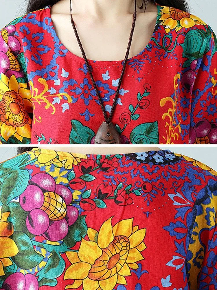 Casual Printed O-Neck Long Sleeve A-Line Women Dresses