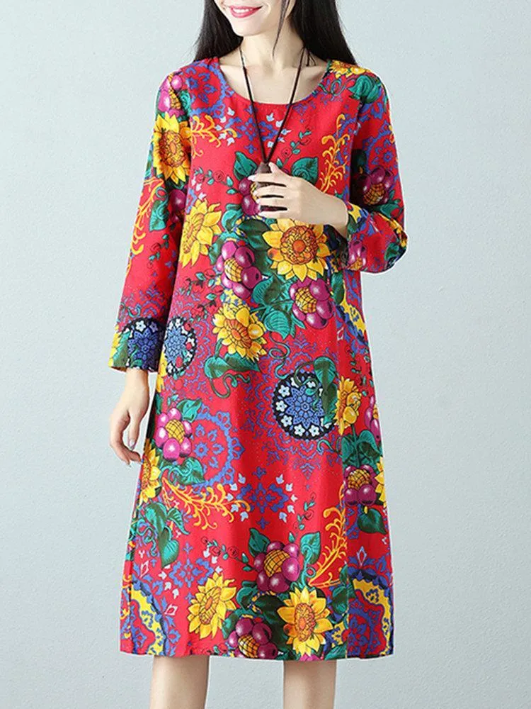 Casual Printed O-Neck Long Sleeve A-Line Women Dresses