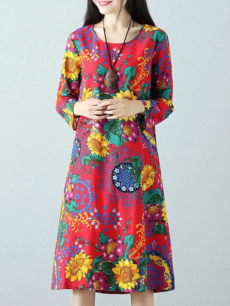 Casual Printed O-Neck Long Sleeve A-Line Women Dresses