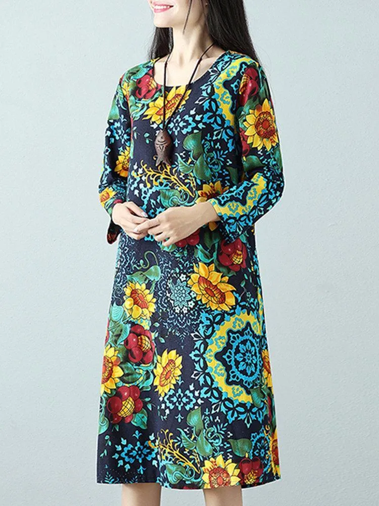 Casual Printed O-Neck Long Sleeve A-Line Women Dresses