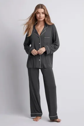 Charcoal Petra Long Pyjama Set with Blush Piping