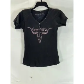 COWGIRL TUFF CO. Women's Black Rhinestone Longhorn Waffle Knit Henley Top SZ M