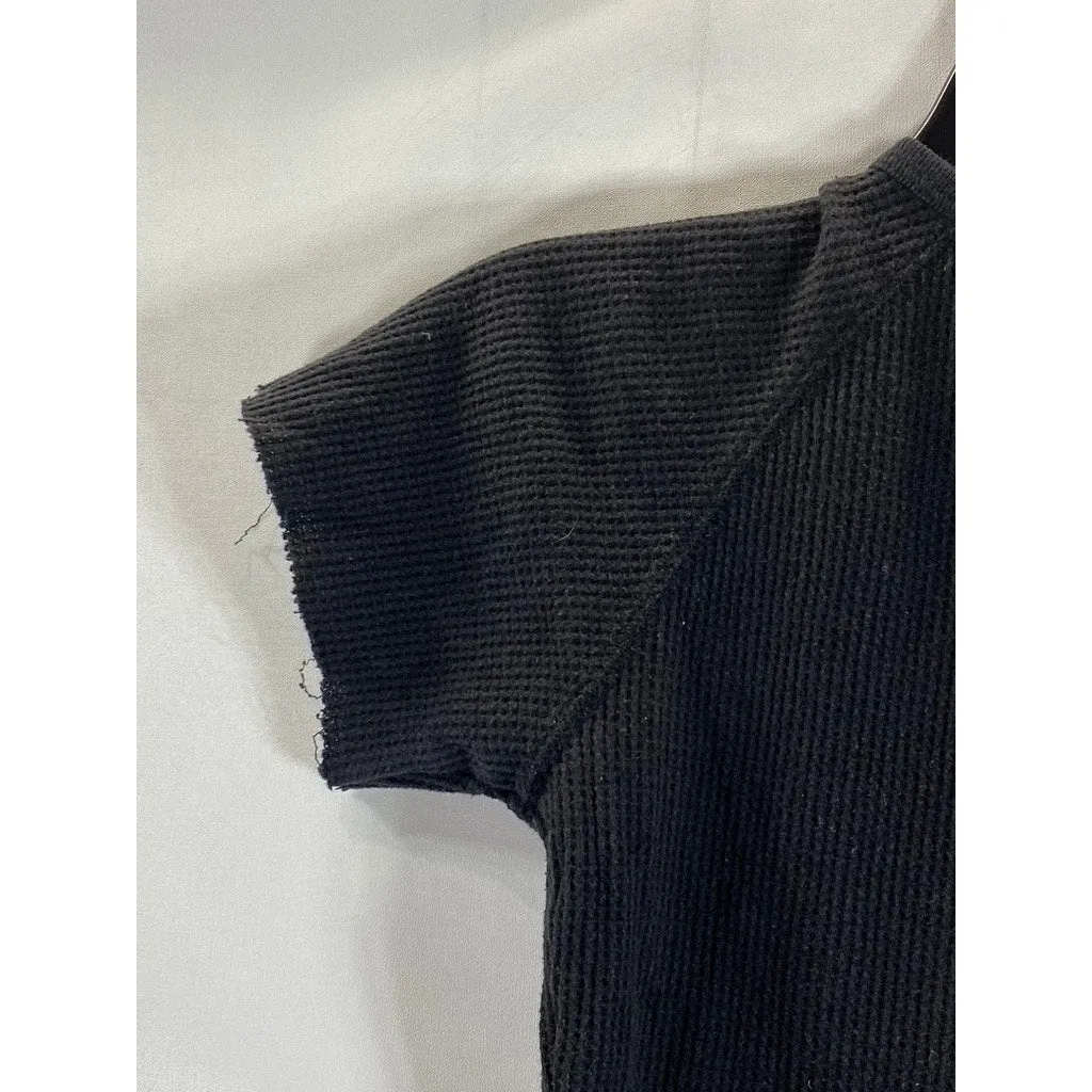 COWGIRL TUFF CO. Women's Black Rhinestone Longhorn Waffle Knit Henley Top SZ M