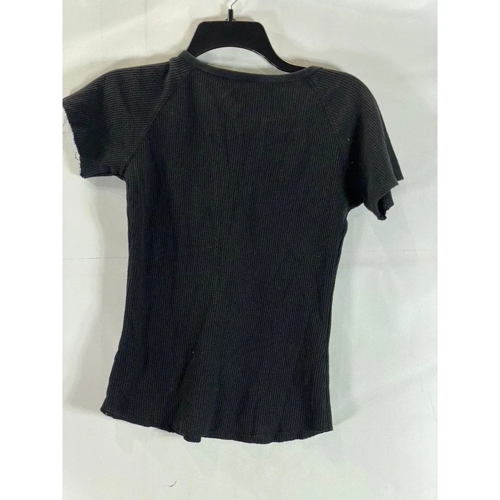 COWGIRL TUFF CO. Women's Black Rhinestone Longhorn Waffle Knit Henley Top SZ M