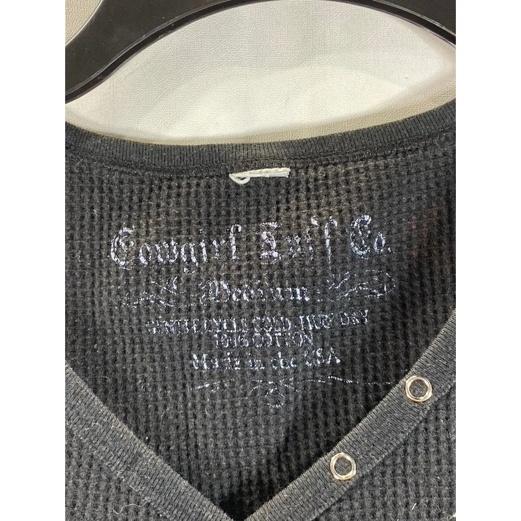 COWGIRL TUFF CO. Women's Black Rhinestone Longhorn Waffle Knit Henley Top SZ M