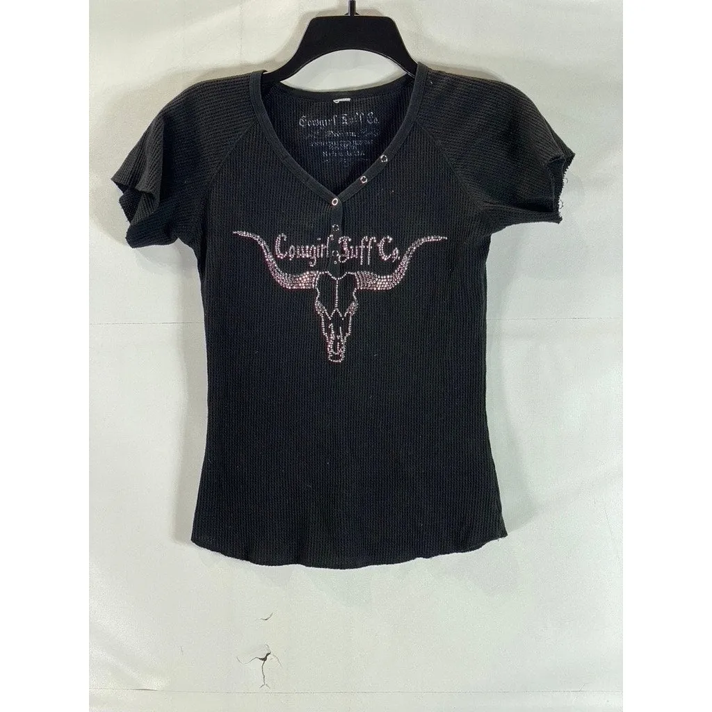 COWGIRL TUFF CO. Women's Black Rhinestone Longhorn Waffle Knit Henley Top SZ M