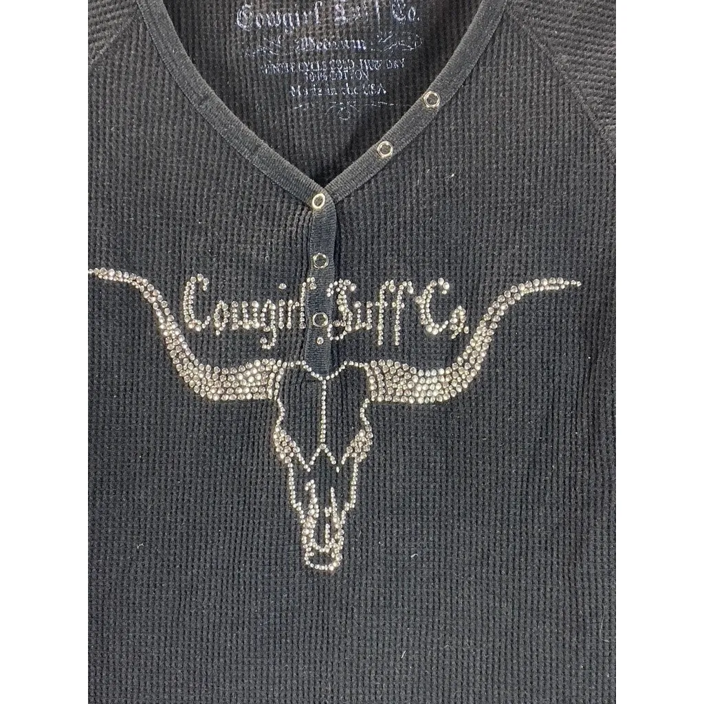 COWGIRL TUFF CO. Women's Black Rhinestone Longhorn Waffle Knit Henley Top SZ M