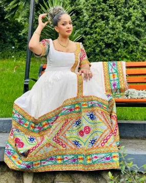 Eccentric Design and Look with Traditional Ethiopian Dress: Short Sleeved Colorful Habesha Dress Unique Habesha Kemis