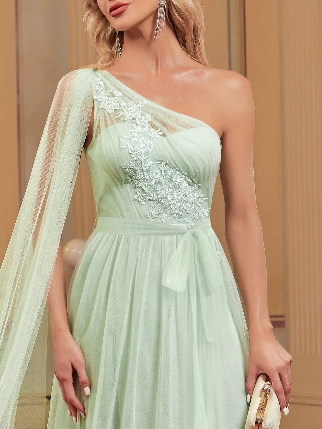 Elegant Floor Sleeve Applique One Shoulder Evening Dress
