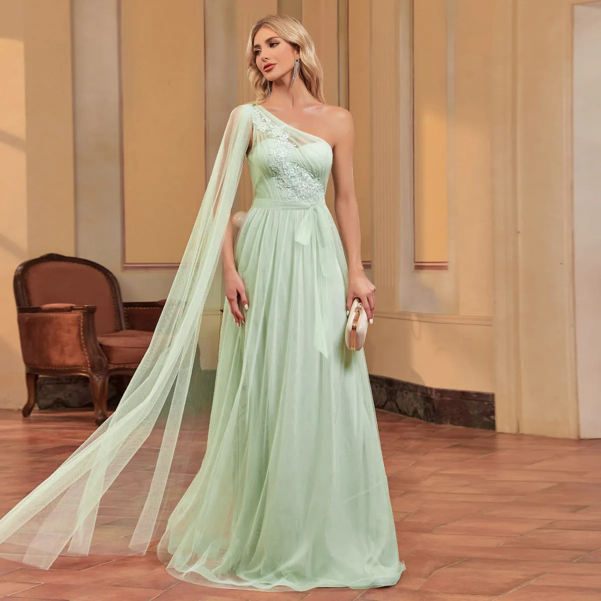 Elegant Floor Sleeve Applique One Shoulder Evening Dress