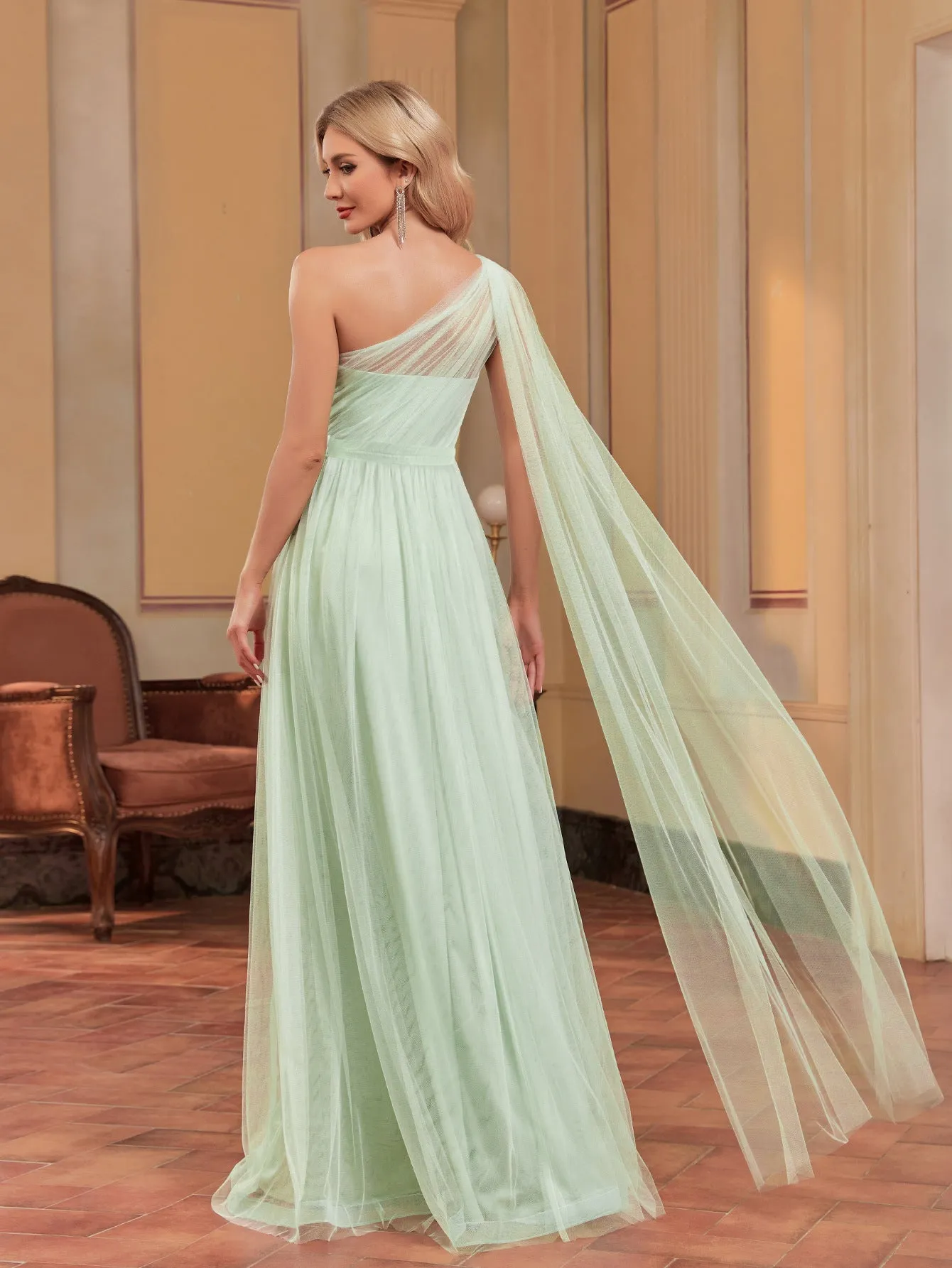 Elegant Floor Sleeve Applique One Shoulder Evening Dress