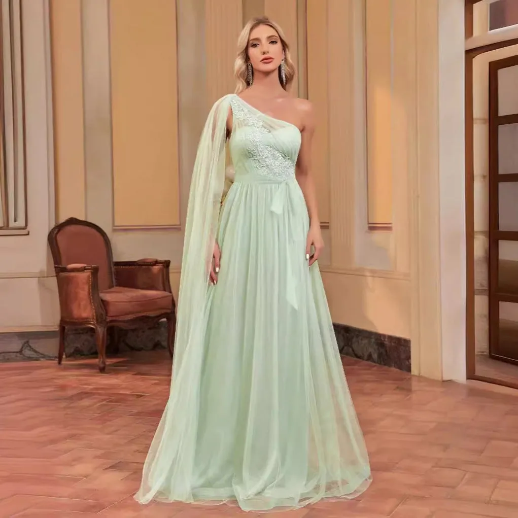 Elegant Floor Sleeve Applique One Shoulder Evening Dress