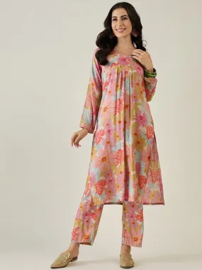 Floral Printed Regular Silk Crepe Kurta with Trousers