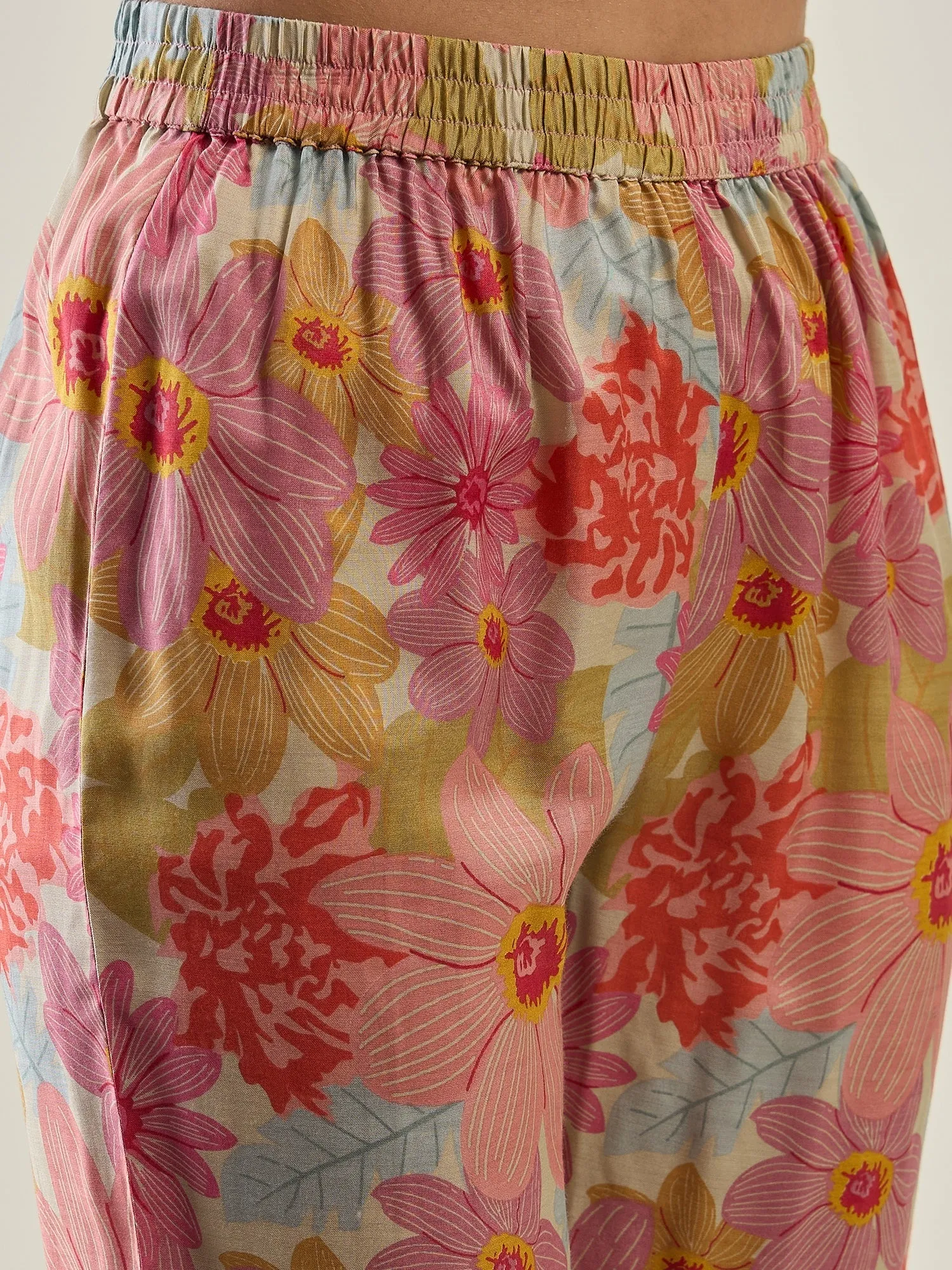 Floral Printed Regular Silk Crepe Kurta with Trousers