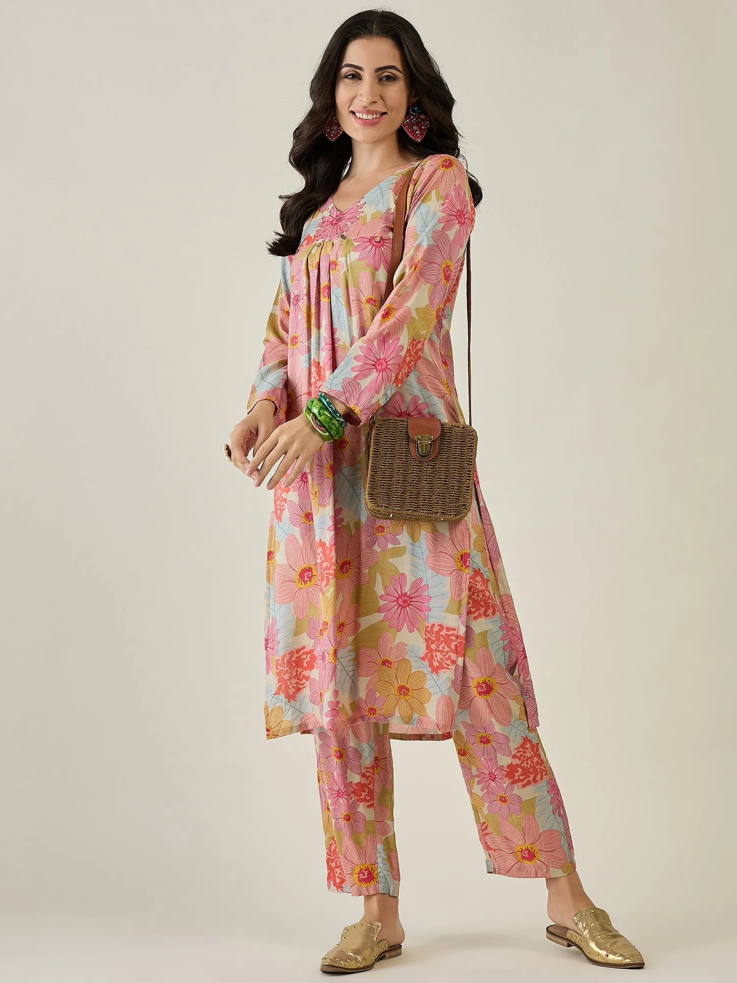 Floral Printed Regular Silk Crepe Kurta with Trousers