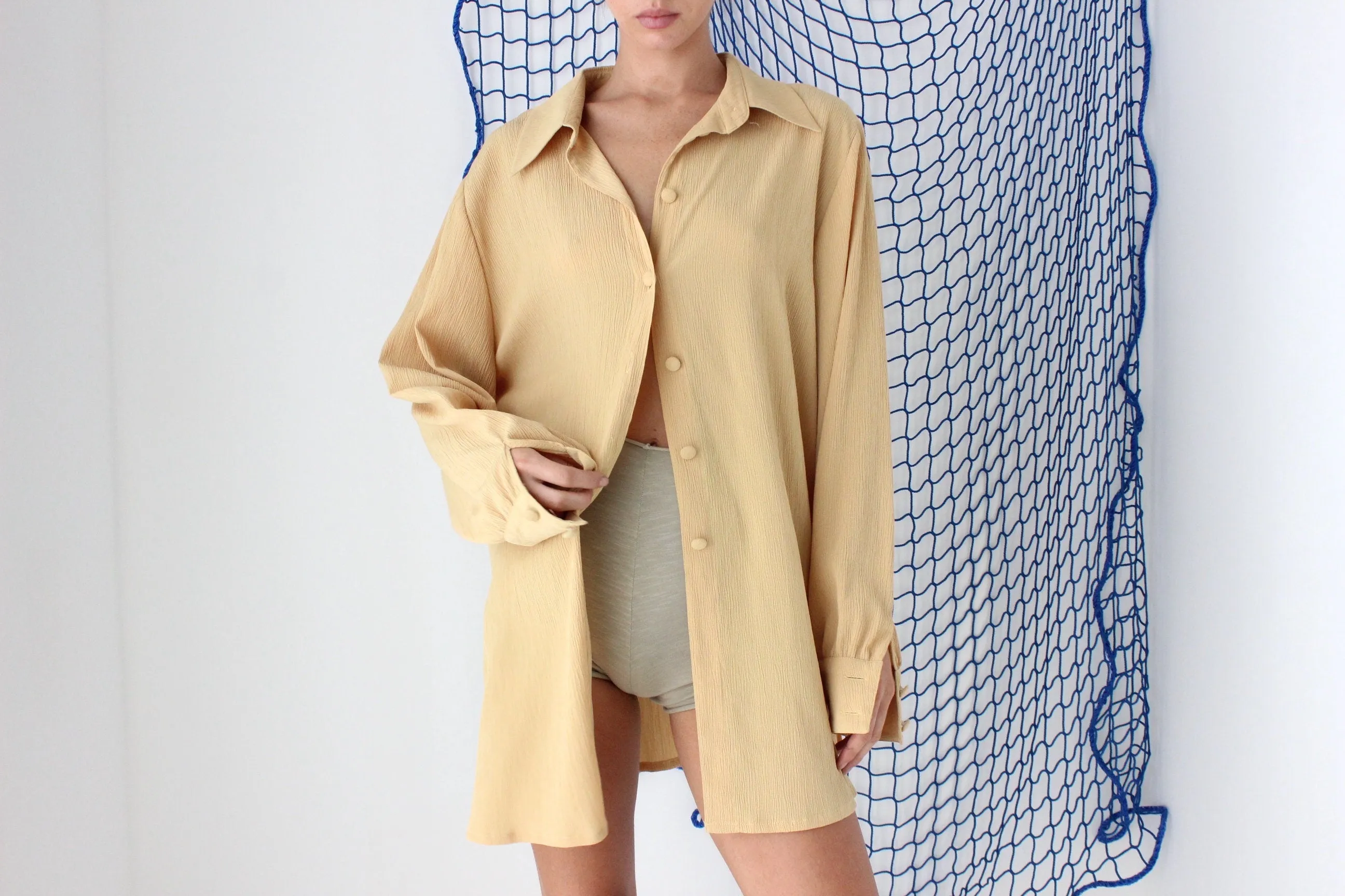 FOUND IN GREECE 90s French Gauze Longline Button Up Shirt Dress
