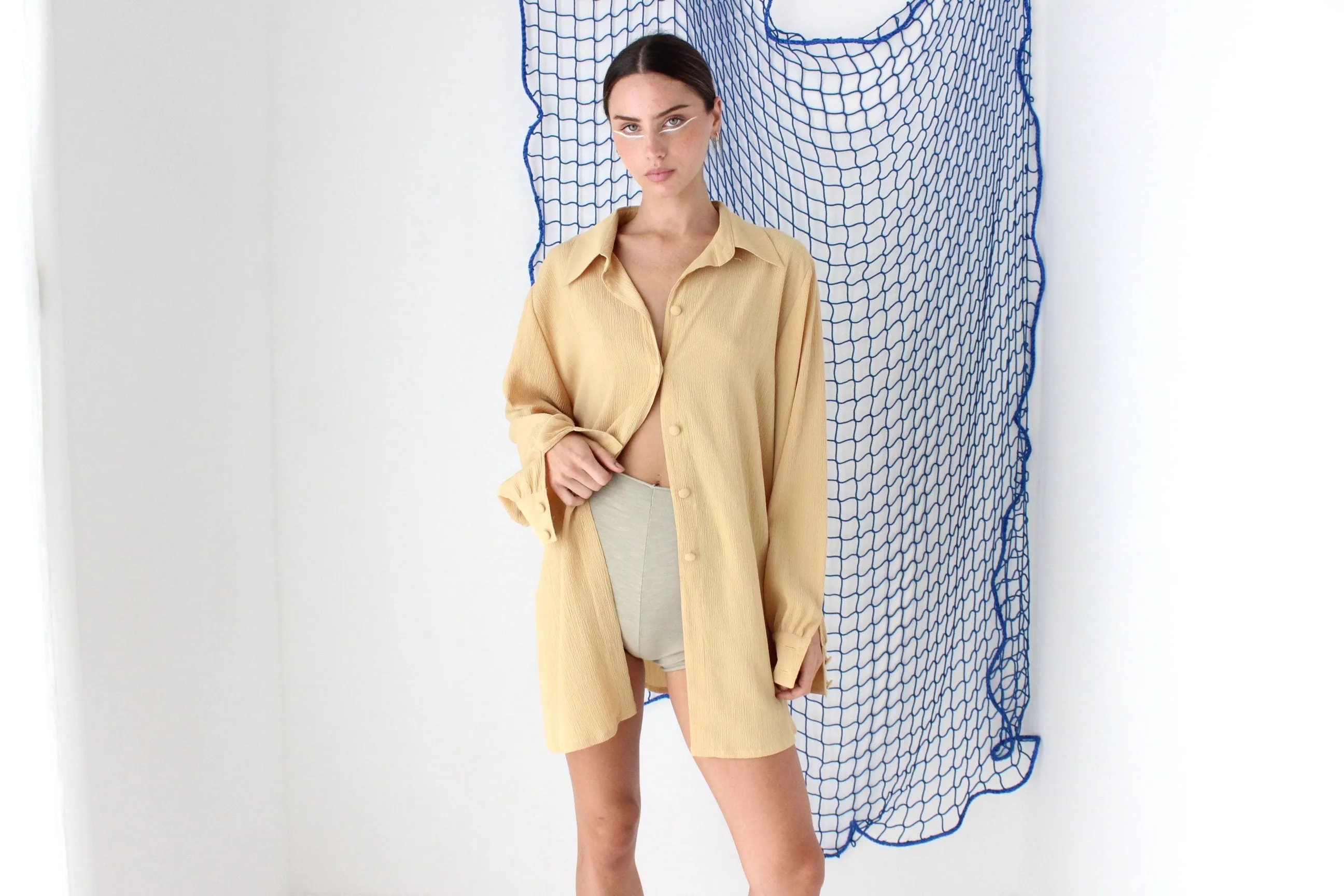 FOUND IN GREECE 90s French Gauze Longline Button Up Shirt Dress