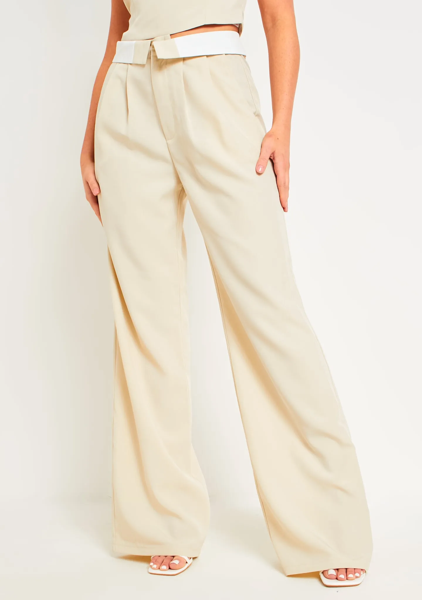 Gracie Beige Fold Over Waist Wide Leg Trousers