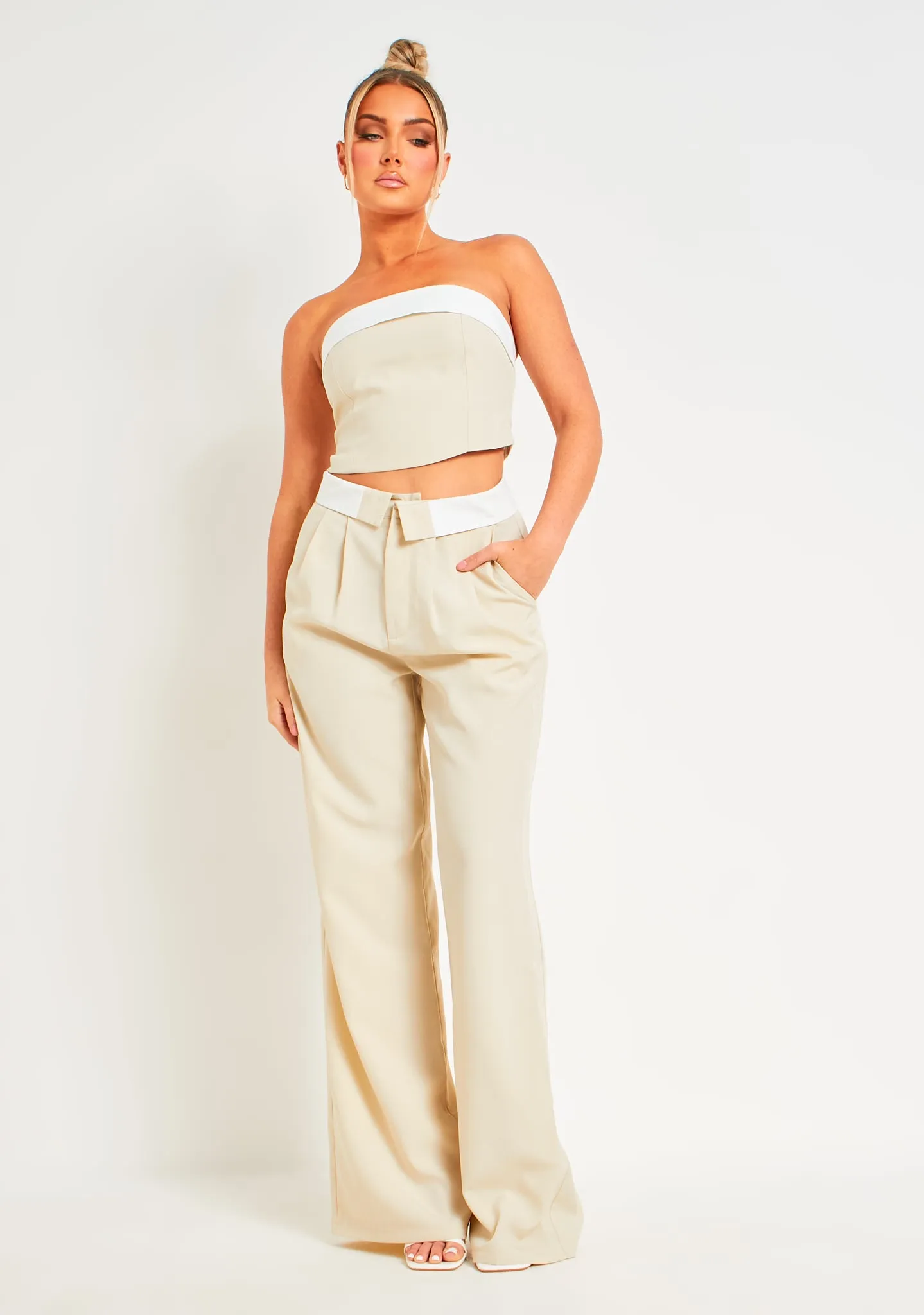 Gracie Beige Fold Over Waist Wide Leg Trousers