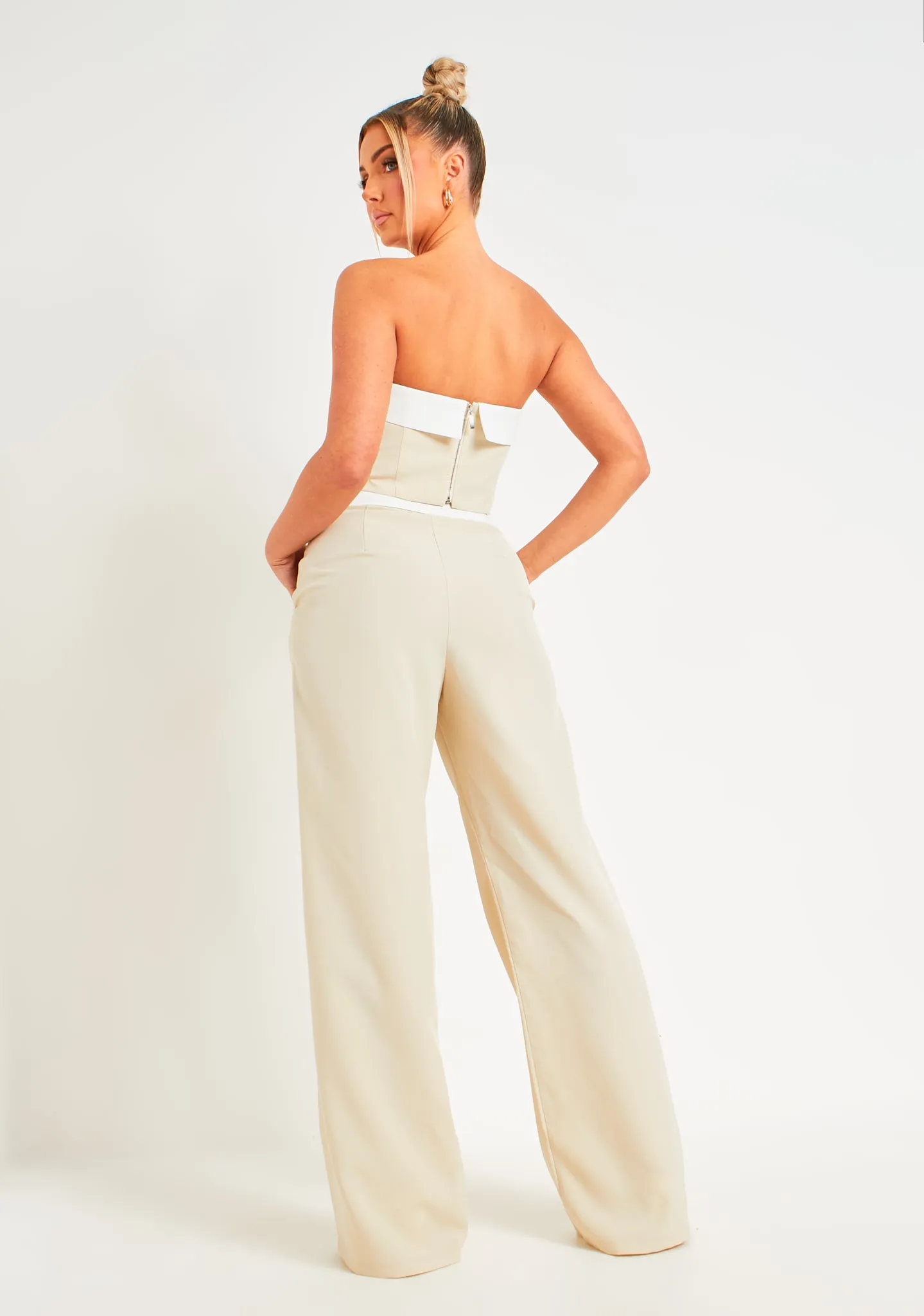 Gracie Beige Fold Over Waist Wide Leg Trousers