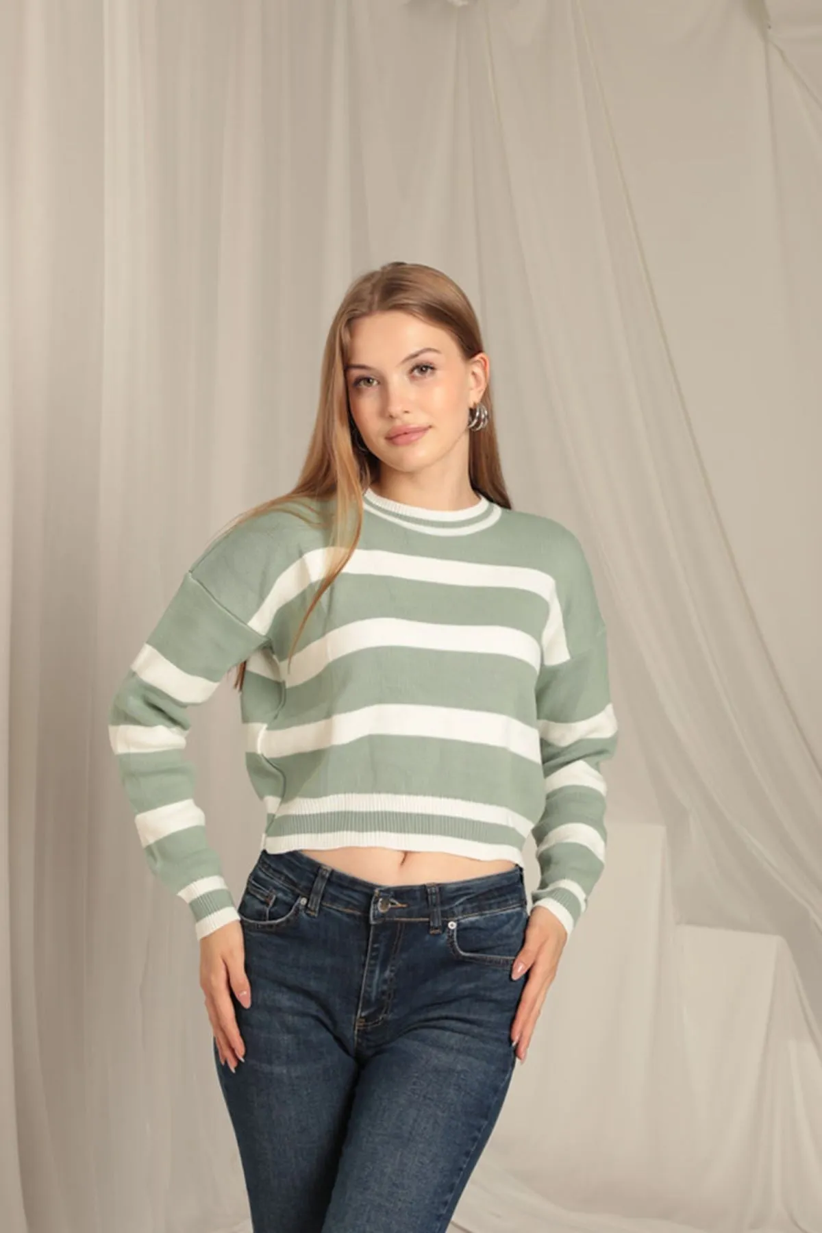 KKT Knitwear Fabric Striped Women's Mint Sweater - Randolph