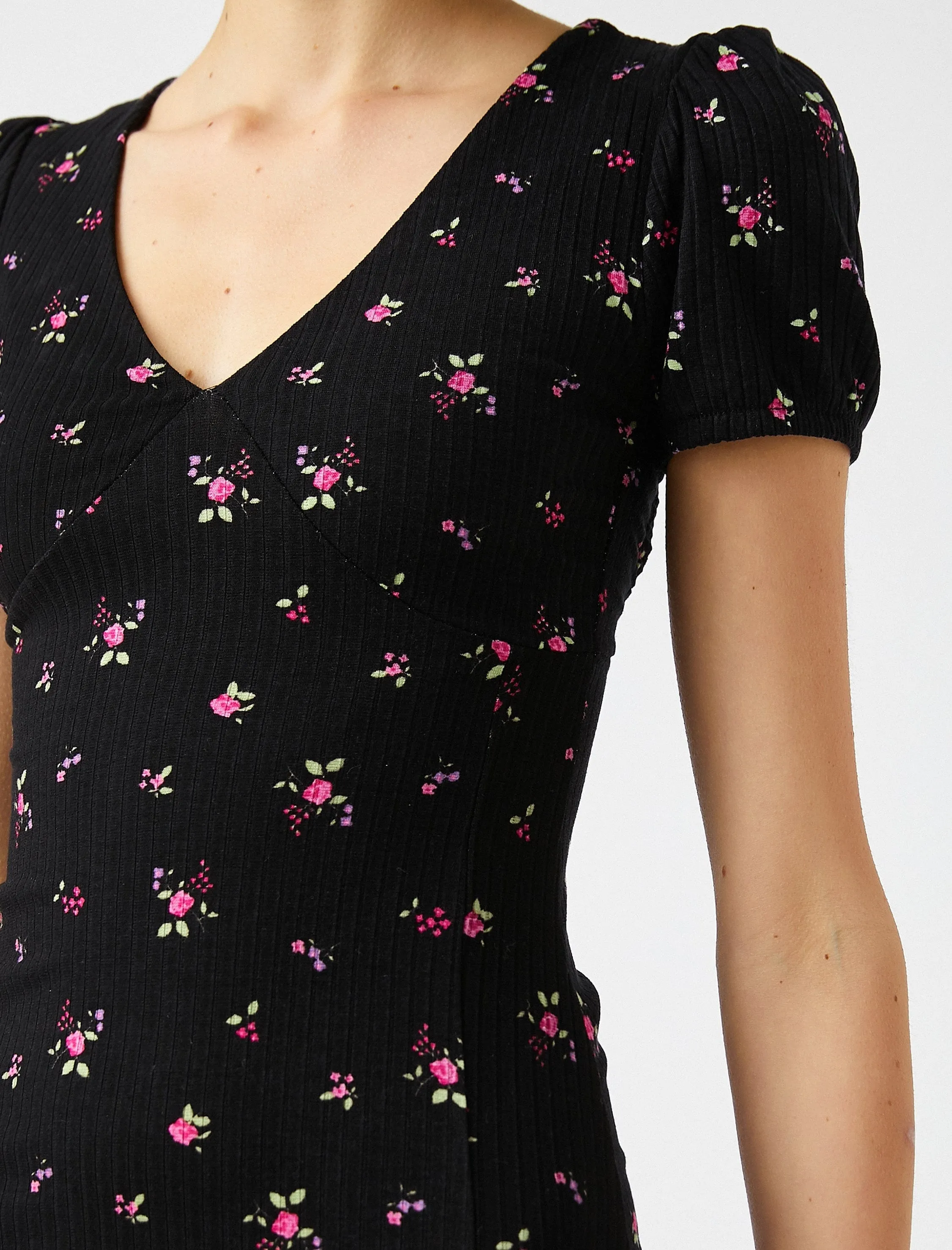 Lace-Up Back Floral Dress in Black