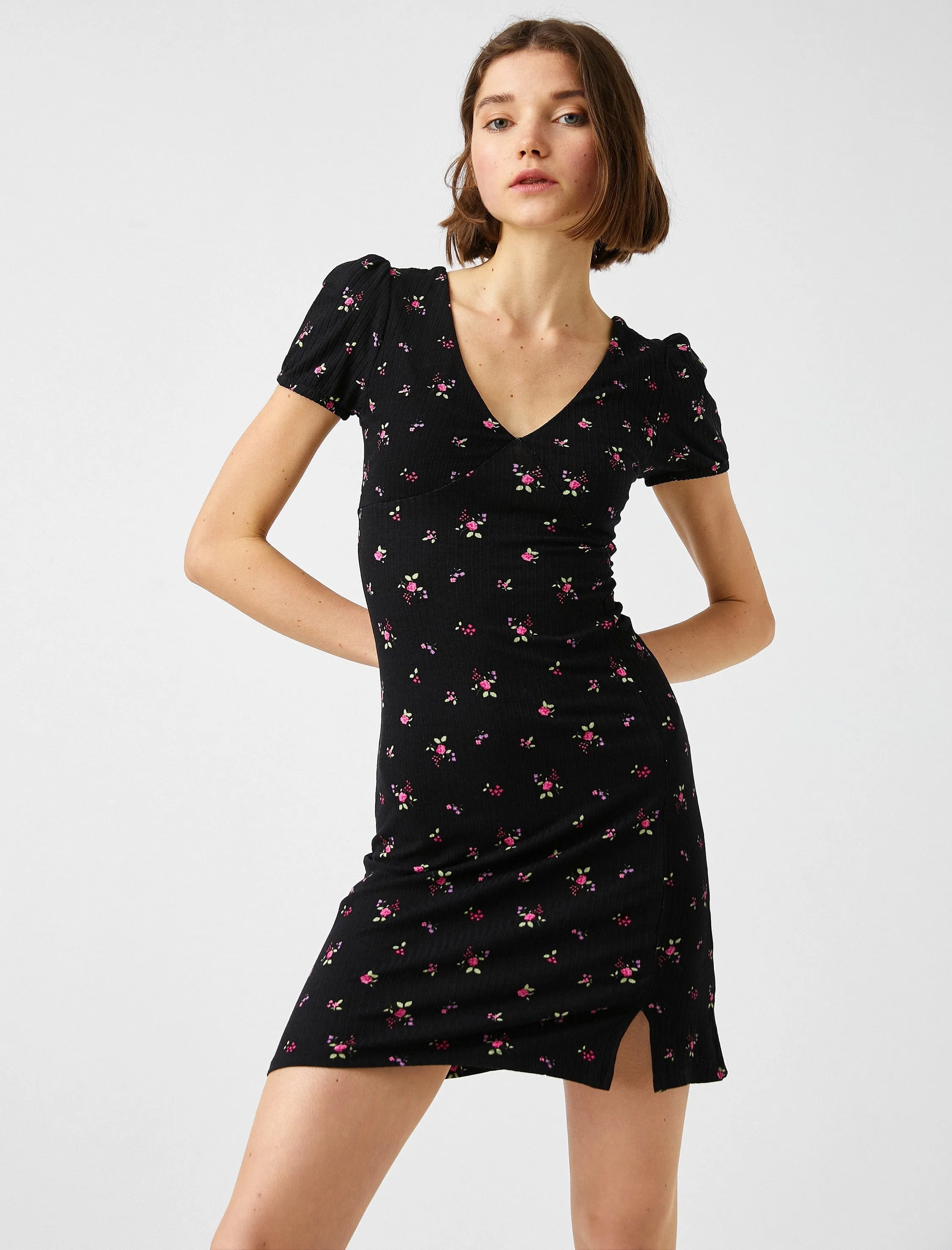 Lace-Up Back Floral Dress in Black