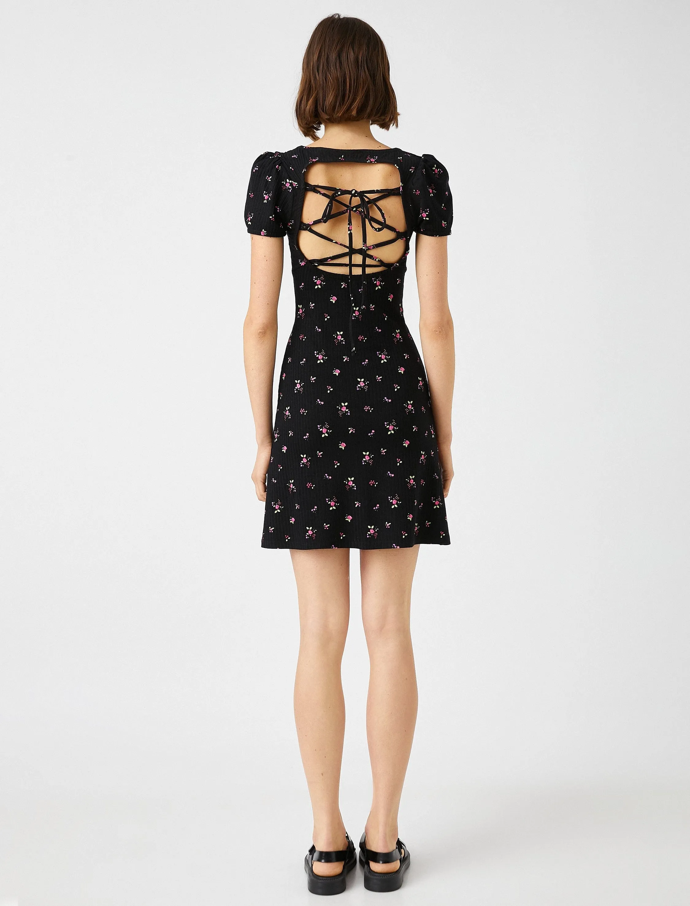 Lace-Up Back Floral Dress in Black
