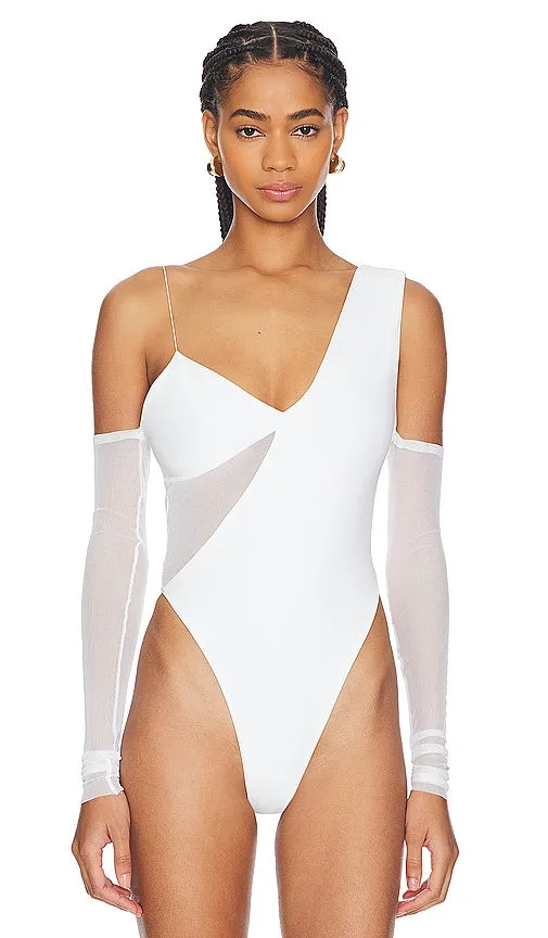 Lama Jouni Off Shoulder Mesh Bodysuit in Black