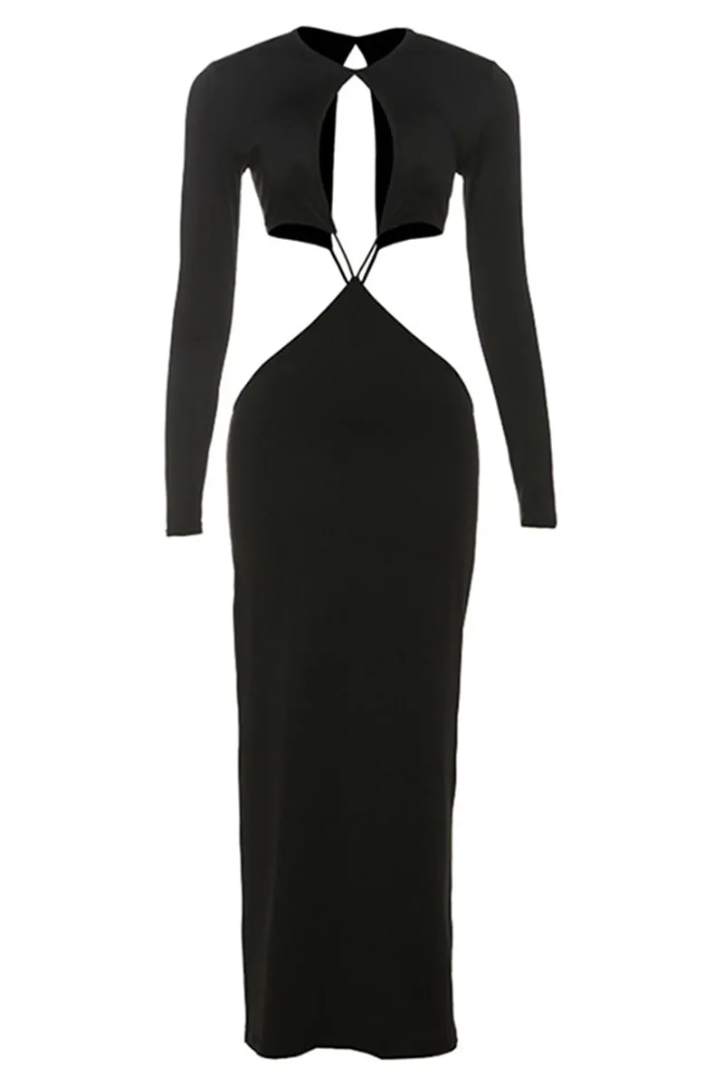 Long Sleeve Backless Round Neck Cutout Maxi Dress